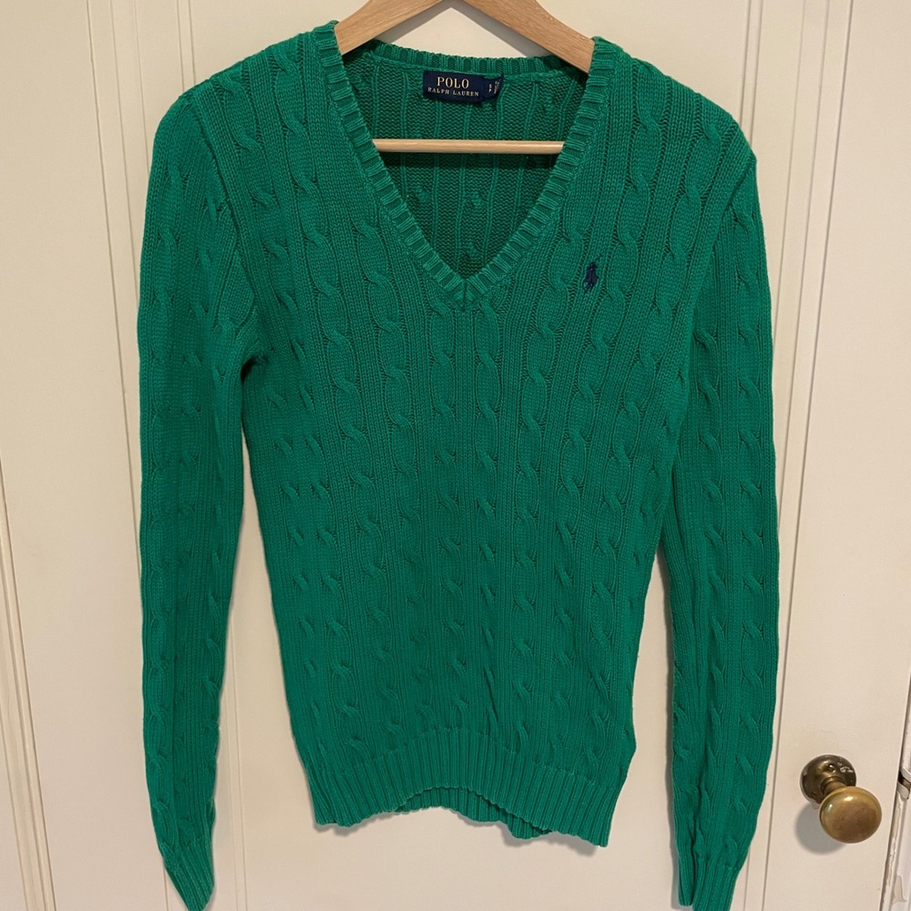 Polo Ralph Lauren V-Neck Cable Knit Sweater Small Green